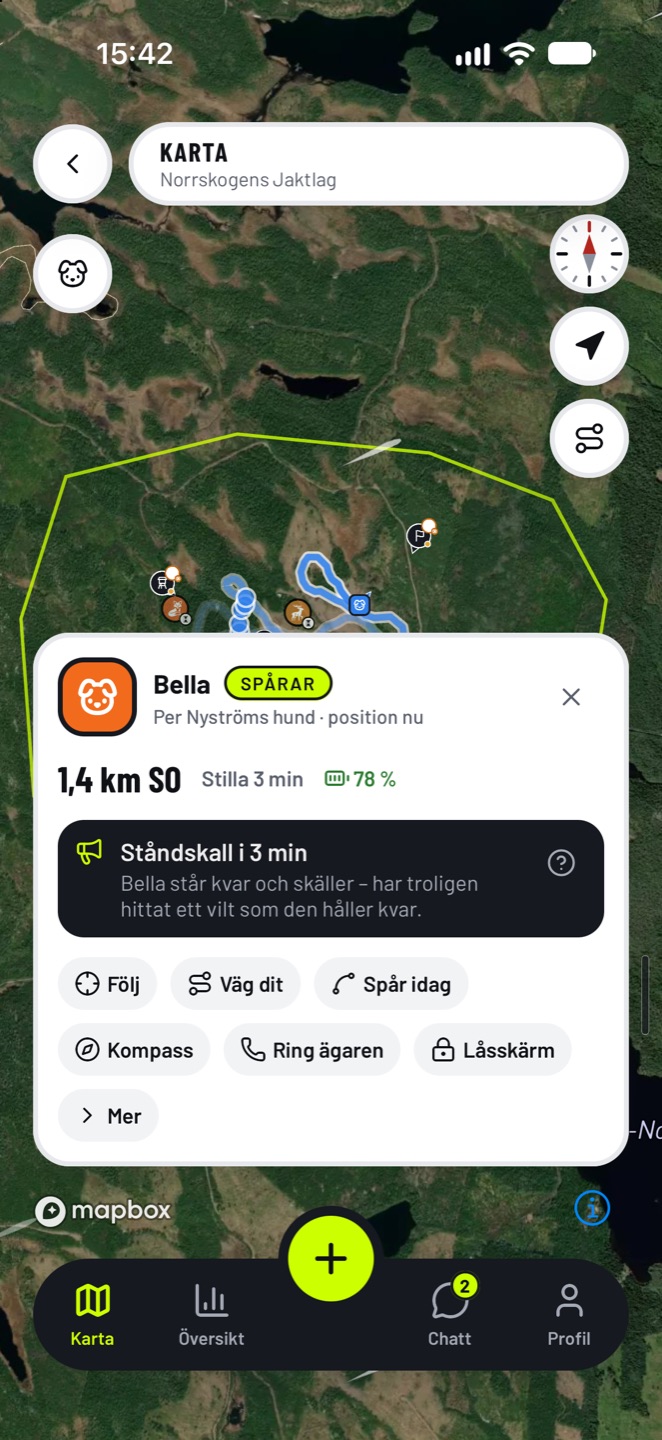 Hundens kort på kartan: ståndskall i 3 minuter, 1,4 km sydost